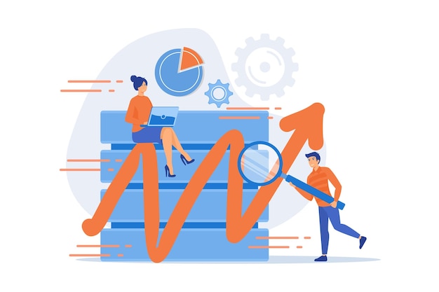 Vector desarrollador lupa trabajando en almacenamiento de datos grandes y concepto de ingeniería de software paleta violeta