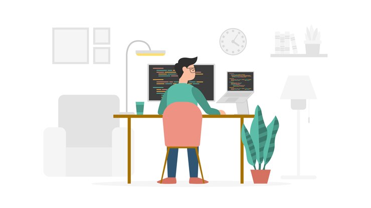 Vector el desarrollador de programación trabaja desde casa con un estilo plano moderno y un tema minimalista de color verde