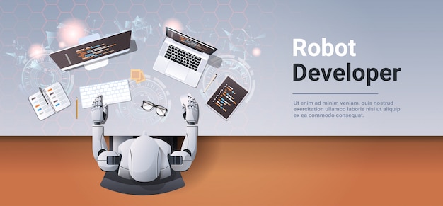 Vector desarrollador de robots en el diseño del sitio web del lugar de trabajo