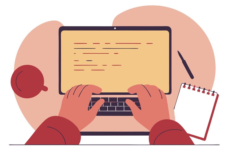 Vector desarrollador de software escribiendo código en el portátil vista desde arriba concepto de programación