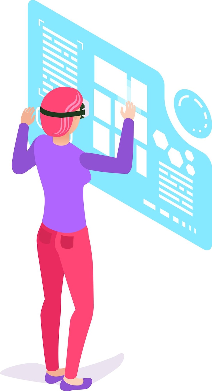 Vector desarrollador de software con gafas de realidad virtual interactuando con una interfaz holográfica utilizando tecnología de realidad aumentada experimentando un entorno digital inmersivo