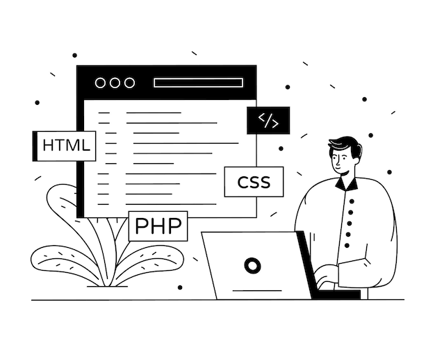 Desarrollador de software haciendo diseño de ilustración de línea de codificación web