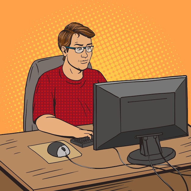 Desarrollador de software en el vector de estilo de cómic de trabajo