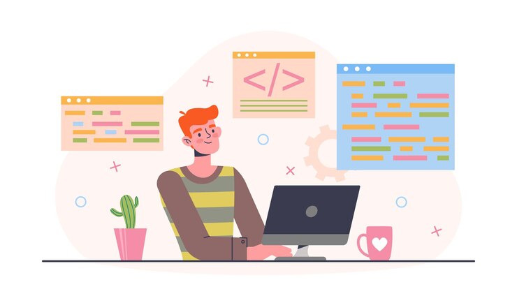 Vector desarrollador en el trabajo concepto hombre se sienta en su escritorio y trabaja con código para crear sitio web o aplicación