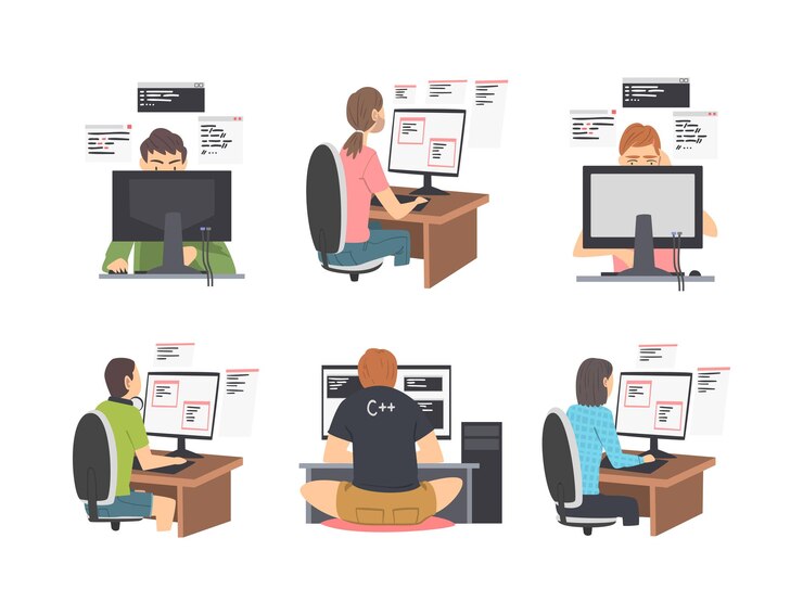 Vector desarrollador web o programador que trabaja frente a la pantalla de la computadora ilustración vectorial set hombre y mujer como especialista en software involucrado en el desarrollo de aplicaciones de la world wide web concepto