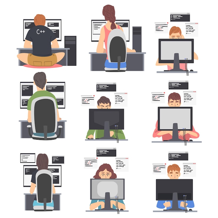 Vector desarrollador web o programador trabajando frente a un conjunto de ilustraciones vectoriales de pantalla de computadora