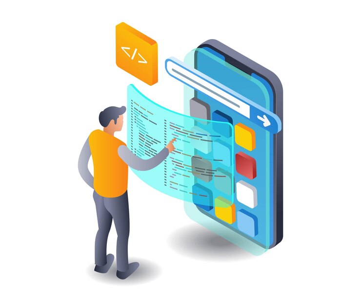 Vector desarrollador web programador aplicación de tecnología infográfica ilustración 3d isométrica plana