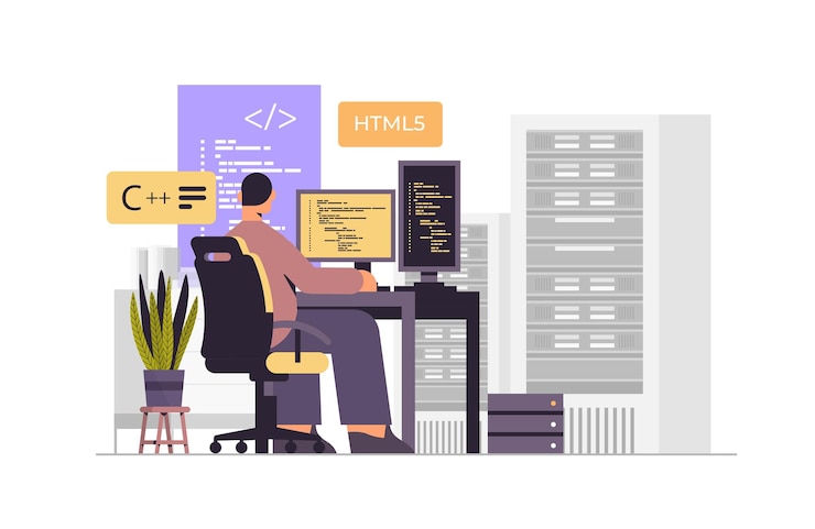 Vector desarrollador web que crea código de programa en el monitor de computadora, desarrollo de software y concepto de programación