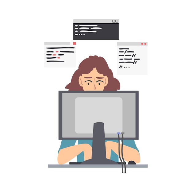 Desarrolladora web o programadora que trabaja frente a la ilustración vectorial de la pantalla de la computadora