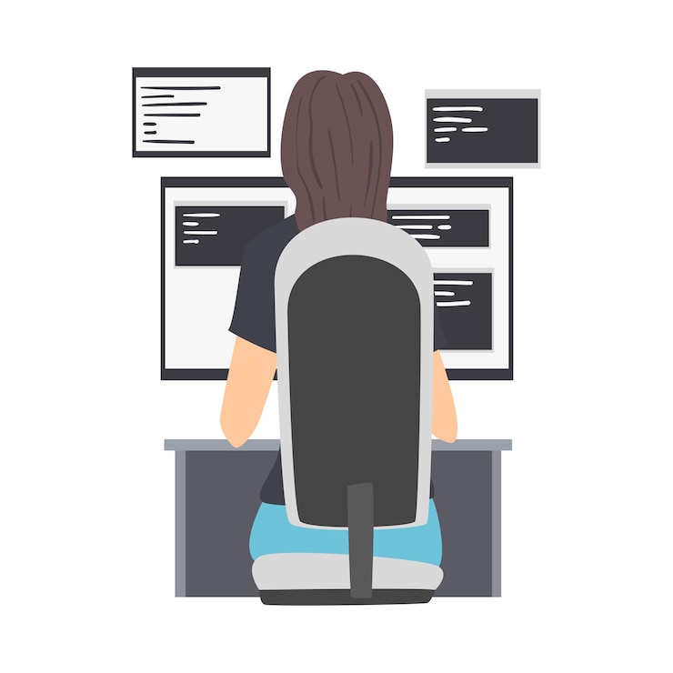 Vector desarrolladora web o programadora que trabaja frente a la ilustración vectorial de la pantalla de la computadora