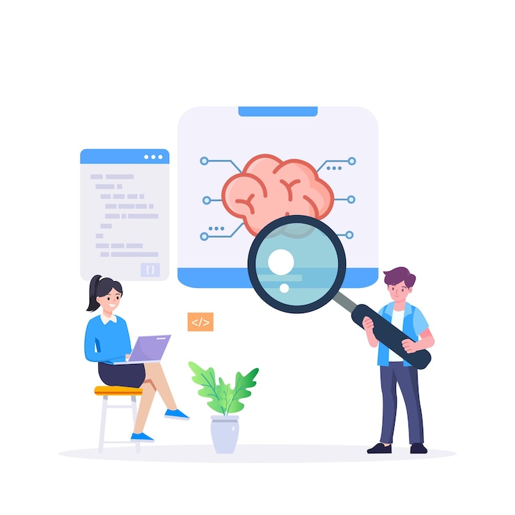 Vector desarrolladores cerebrales programando inteligencia artificial