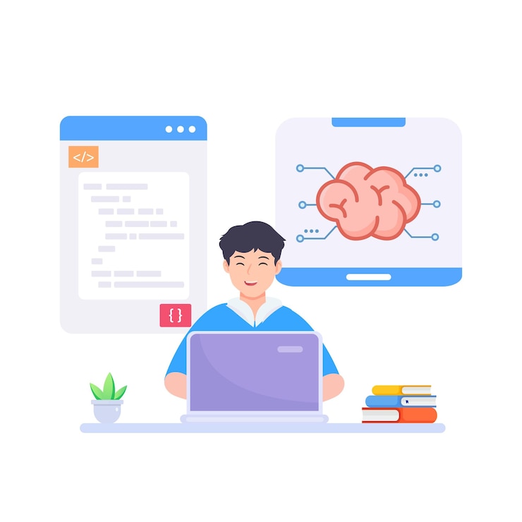 Vector desarrolladores cerebrales programando inteligencia artificial