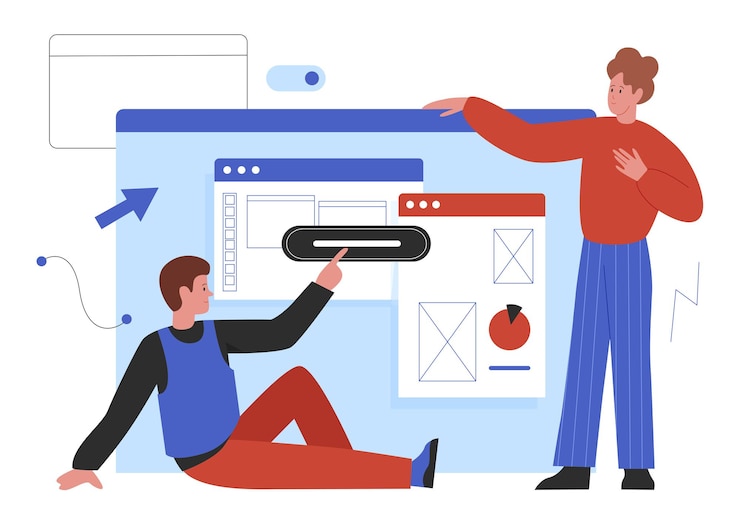 Vector los desarrolladores de creación de procesos de proyectos de sitios web de desarrollo de diseño web trabajan juntos