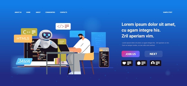 desarrolladores web de hombre y robot que crean código de programa en la pantalla del portátil desarrollo de software y programación concepto de inteligencia artificial espacio de copia ilustración vectorial horizontal