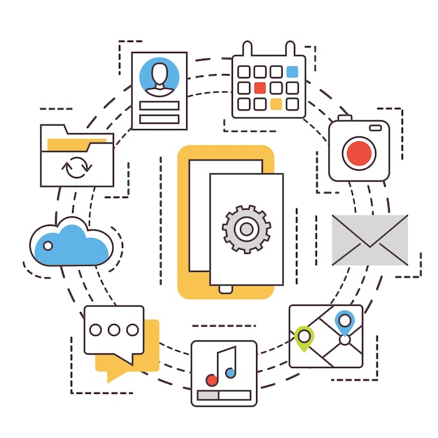 Vector desarrollo de aplicaciones. aplicaciones móviles. iconos planos de línea fina.