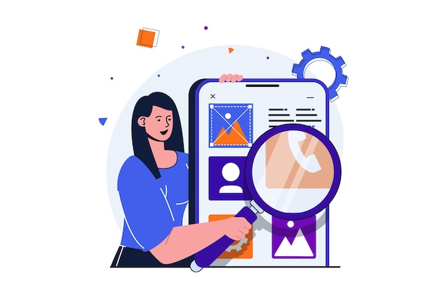 Desarrollo de aplicaciones concepto plano moderno para diseño de banner web Diseñadora femenina con obras de lupa