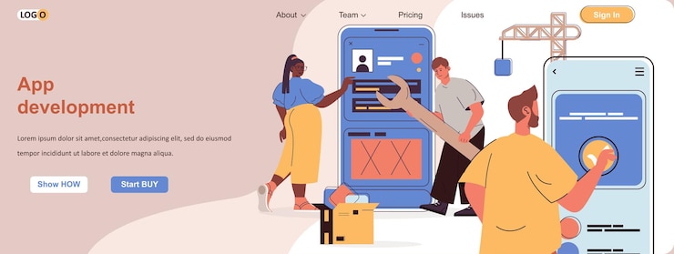 Vector desarrollo de aplicaciones concepto web desarrolladores crear software construir interfaz de aplicaciones móviles