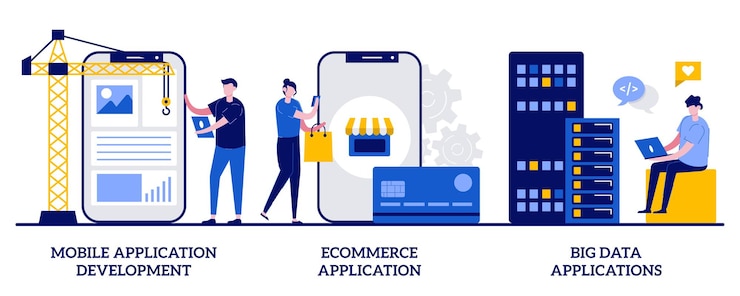 Vector desarrollo de aplicaciones móviles, aplicaciones de comercio electrónico, big data. conjunto de software comercial