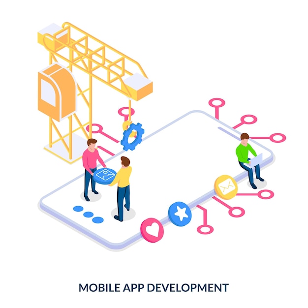Desarrollo de aplicaciones móviles Ilustración vectorial isométrica sobre fondo blanco