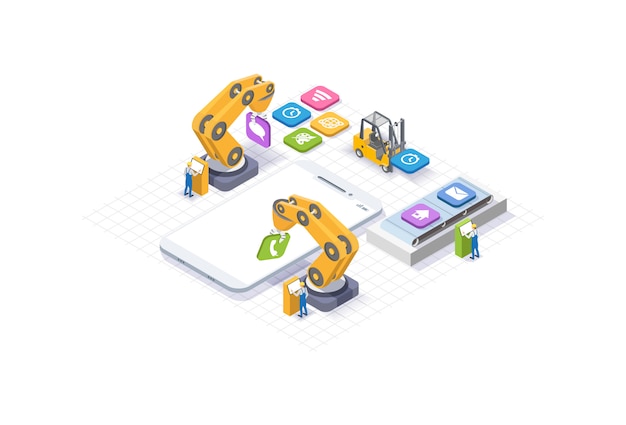 Desarrollo de aplicaciones móviles, jóvenes trabajando. Teléfono blanco isométrico. Robot manipulador robotizado. Desarrollo web y concepto de diseño de interfaz de usuario.