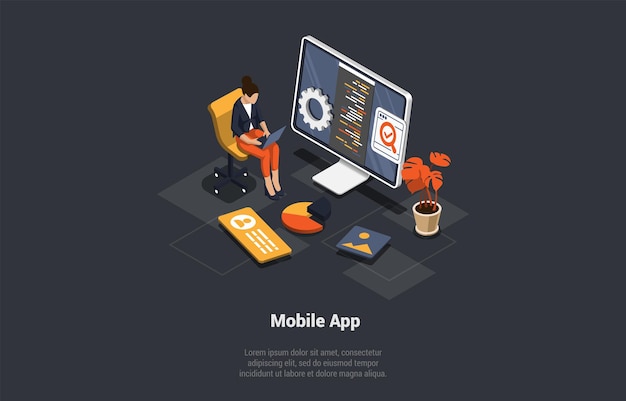 Desarrollo de aplicaciones móviles Optimización de datos y análisis de servicios web Tendencias y desarrollo de software Concepto de proceso de codificación Mujer desarrolladora trabaja en una computadora portátil Ilustración vectorial 3d isométrica