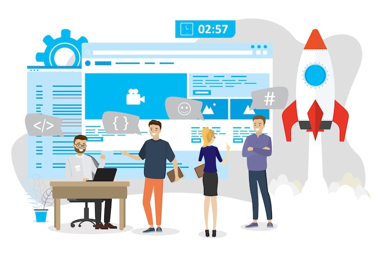 Vector desarrollo de aplicaciones o sitios web nueva puesta en marcha en línea dibujos animados gente de negocios programadores despegue de nave espacial