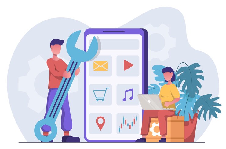 Vector desarrollo de aplicaciones los programadores desarrollan una aplicación móvil