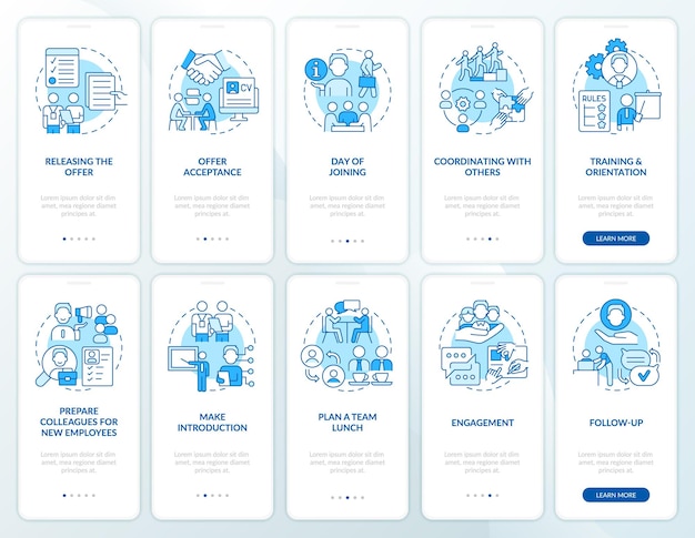 Desarrollo de conjunto de pantalla de aplicación móvil de incorporación azul de integración de empleados