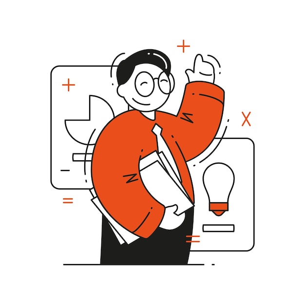 Desarrollo de estrategia de empresa de idea de innovación de hombre de negocios exitoso feliz con bombilla y gesto de señalar con el dedo índice ilustración plana de vector Empleado jefe masculino resolviendo problemas tomando decisiones