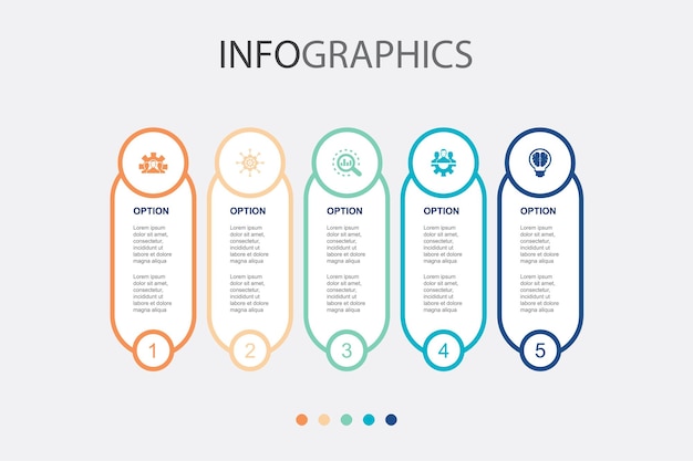 Desarrollo gestión análisis trabajo en equipo iconos inteligentes Plantilla de diseño infográfico Concepto creativo con 5 pasos