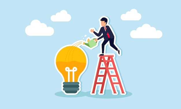 Desarrollo de ideas creatividad y conocimiento para nuevas ideas de negocio y crecimiento de la carrera concepto de empresario inteligente en la escalera riego para llenar idea bombilla con líquido