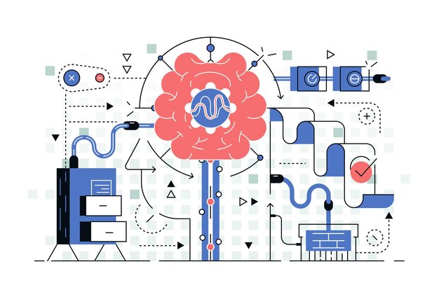 Desarrollo de ilustración de vector de inteligencia artificial Cerebro digital Ai investigación concepto de estilo plano Tecnología innovadora de informática Aislado en blanco