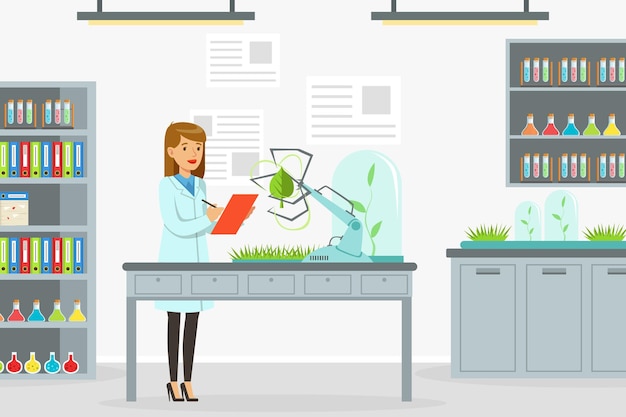 Desarrollo de inteligencia artificial con personaje de mujer científica involucrada en investigación de robots y máquinas Ilustración vectorial