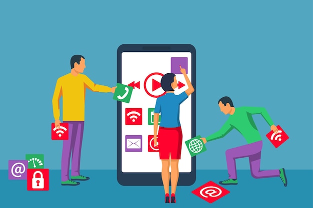 Desarrollo de interfaz, diseño de aplicación móvil. Tecnología móvil. Equipo de personas pequeñas, programador que construye bloques de aplicaciones en la pantalla del teléfono inteligente. Diseño plano vectorial. Proceso de desarrollo de software.