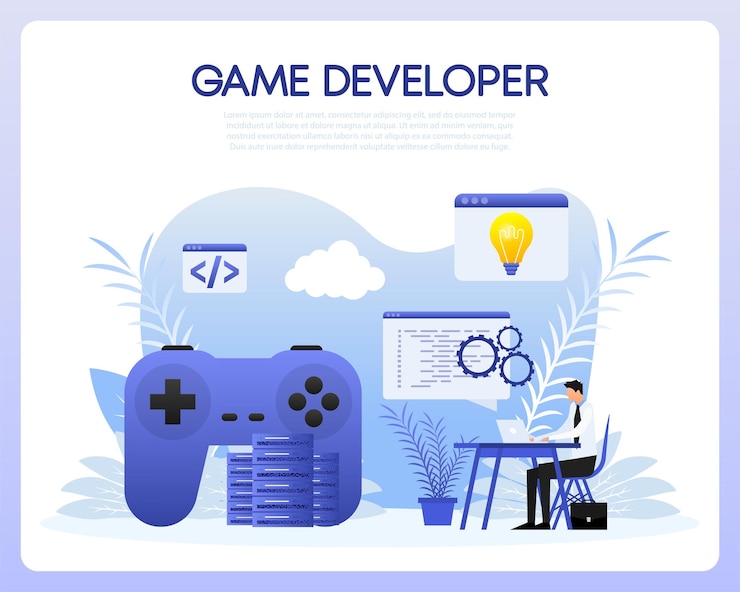 Vector desarrollo de juegos simulación digital programación de videojuegos ilustración vectorial