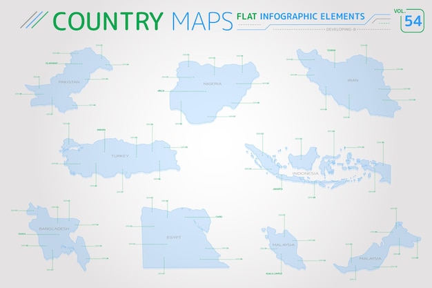 Desarrollo de mapas vectoriales de indonesia, irán, bangladesh, egipto, nigeria, malasia, pakistán y turquía