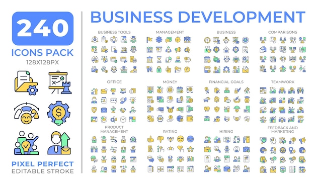 Desarrollo de negocios colección de conjuntos de iconos coloridos