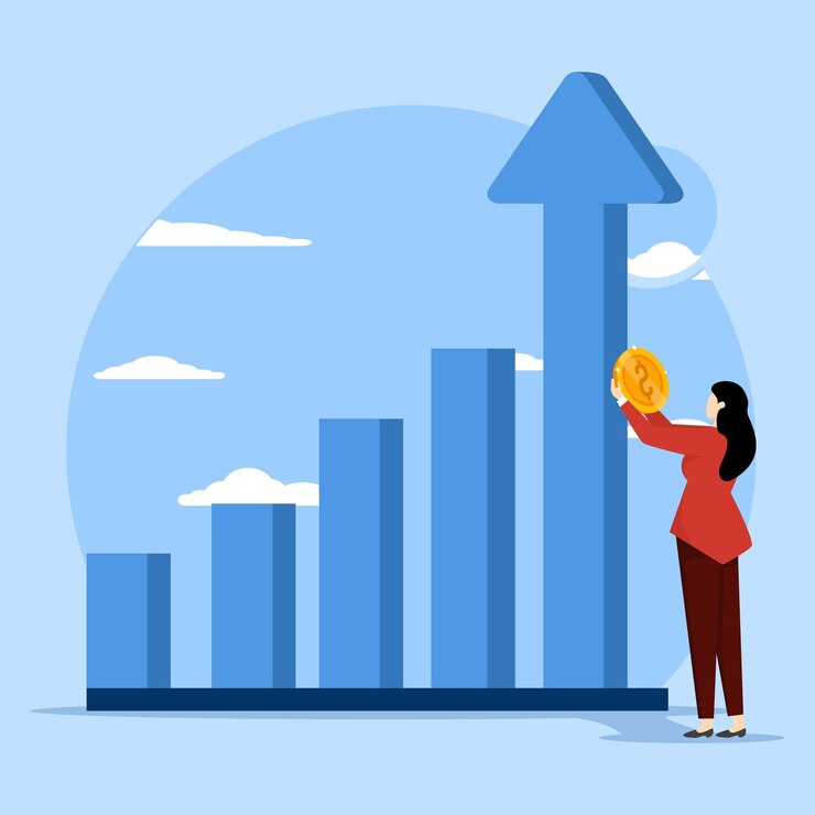 Vector desarrollo de negocios y éxito crecimiento de ingresos ingresos o ganancias mujer sosteniendo una moneda de dólar