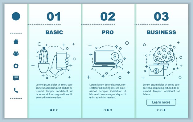 Desarrollo de negocios incorporación de páginas web móviles plantilla vectorial Opciones profesionales básicas Servicios financieros Software empresarial Interfaz de sitio web de teléfono inteligente sensible Pantallas de paso de tutorial de página web