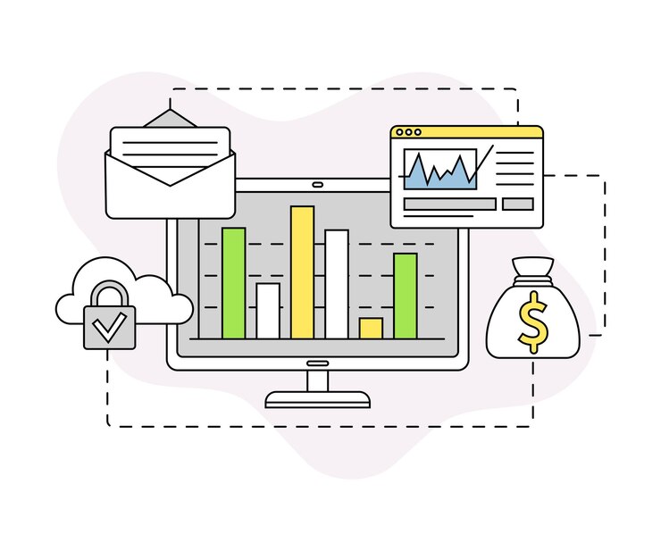 Vector desarrollo de negocios y startups con composición de línea vectorial de computadoras y servidores de datos