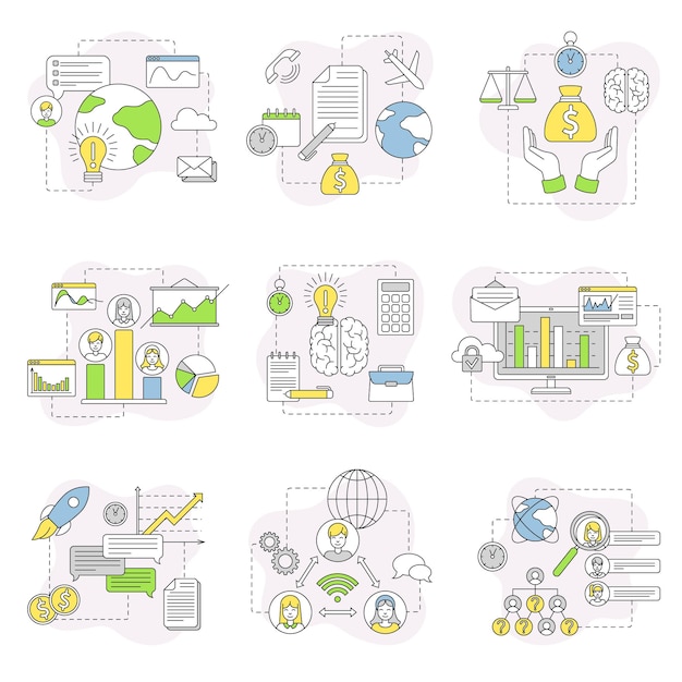 Desarrollo de negocios y startups con conjunto de composición de vectores de línea de gráficos y análisis