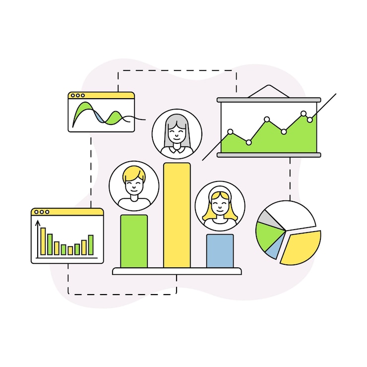 Vector desarrollo de negocios y startups con gráfico de ganancias y composición de la línea vectorial del gráfico de crecimiento