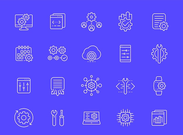 desarrollo, operación y iconos de línea de hardware, vector