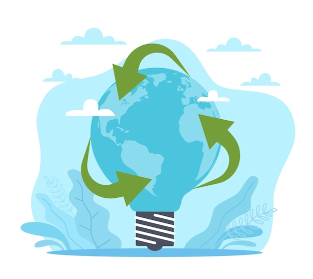 Desarrollo de producción alternativa de fuentes de energía renovables Bombilla con mapa de la tierra y signo de reciclaje verde estilo de vida ecológico eco tecnologías vector dibujos animados concepto plano