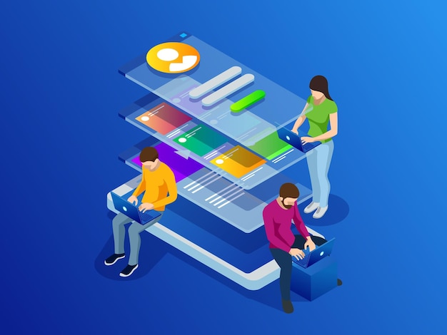Desarrollo y programación de software, código de programa en la pantalla del portátil, procesamiento de big data, computación isométrica