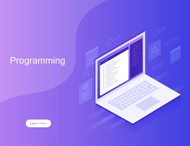 Desarrollo y programación de software, código de programa en la pantalla del portátil, procesamiento de big data. Ilustración moderna