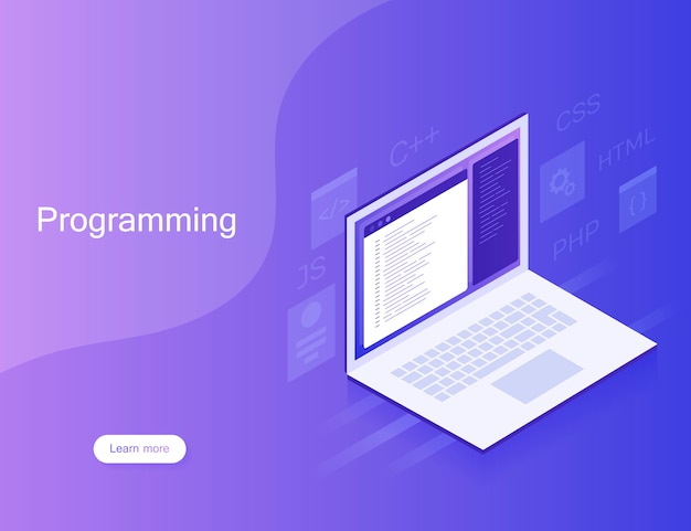 Desarrollo y programación de software, código de programa en la pantalla del portátil, procesamiento de big data. ilustración moderna