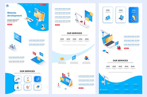Desarrollo de sitio web plantilla de sitio web isométrico página de destino contenido medio y pie de página