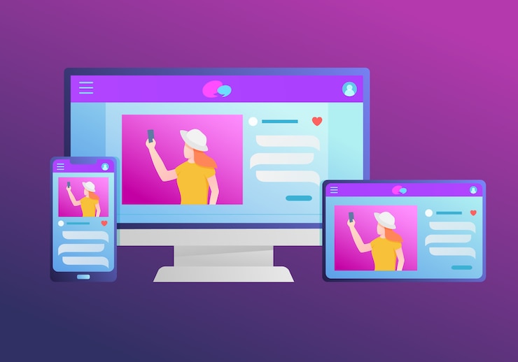 Vector desarrollo de sitios web con capacidad de respuesta rápida con tableta para smartphone y tamaño de pantalla de escritorio
