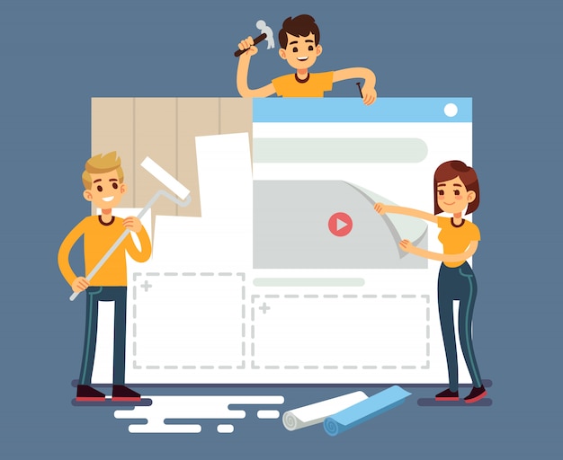 Desarrollo de sitios web con desarrolladores creando contenido. concepto de vector de construcción web